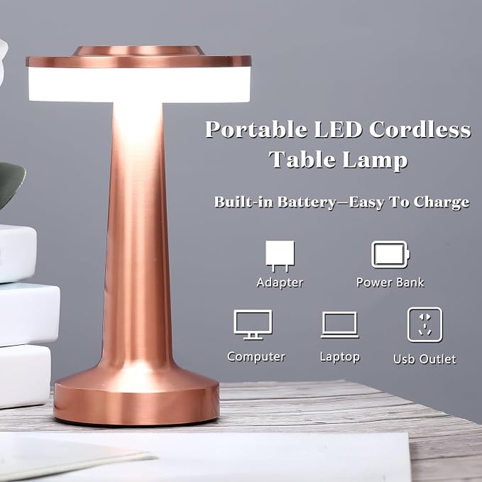 Riakrum 8 Pcs Rose Gold LED Portable Cordless Table Lamp Bulk with Touch Sensor 3 Color Stepless Dimming Rechargeable Battery up to 15 Hours Cordless Table Light Wireless Lamp Wedding Home