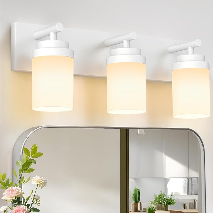 IZORRO Bathroom Vanity Light Fixture, 3-Light 22 Inch White Bathroom Light Fixtures Over Mirror, with White Glass Shade, Modern Farmhouse Vanity Lights, Rustic Restroom Lighting Fixtures