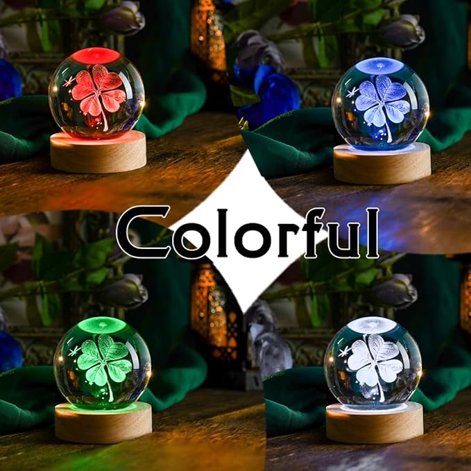 IFOLAINA 3D Four-Leaf Clover Crystal Ball 60mm Good Luck Gifts Ideas with Multicolor Lighting Base St Patricks Day Gifts for Women Men Decorative Globes Room Decor