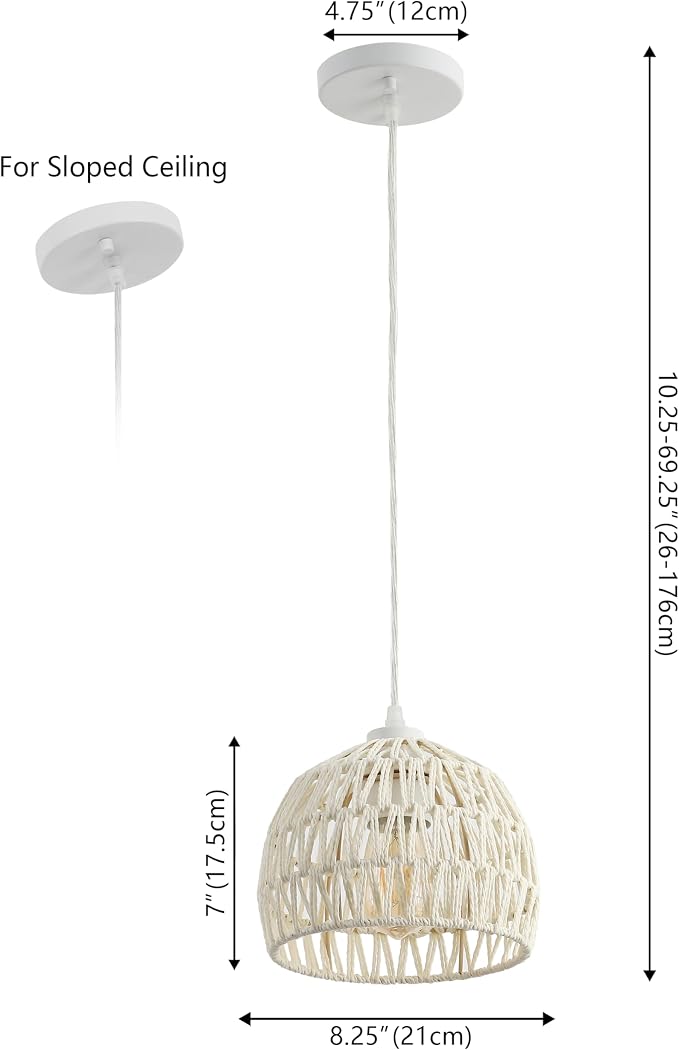 JONATHAN Y Campana 1-Light Pendant Dome Ceiling Lamp, 8.25", Cream | Modern Coastal Farmhouse Decor, Adjustable Height, Woven Rope Metal Frame, LED Bulb Included, UL Listed