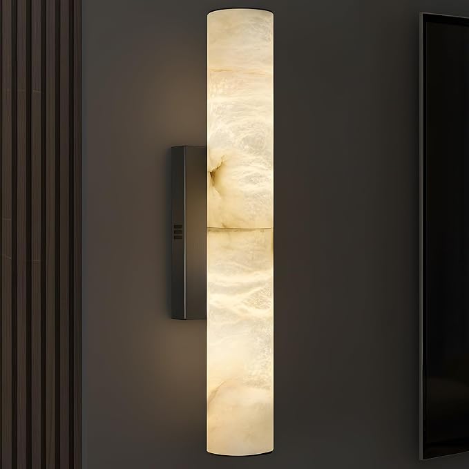 20" Natural Alabaster Wall Sconce, Modern Black Marble Wall Light Dimmable | Spanish Alabaster, Vanity Light, 3000K Warm White Light, Tube, Hardwired, Stone, for Bathroom/Bedroom/Living Room, 1PC