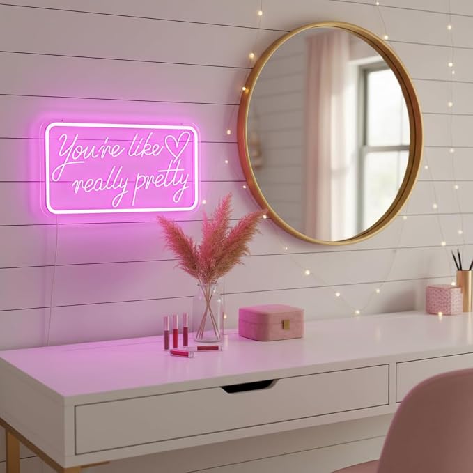 You're Like Really Pretty Neon Sign Pink LED Neon Light for Wall Decor | Dimmable Pink Pretty Neon Sign for Teen Girls Women Beauty Lovers Bedroom Vanity Wedding Party Salon Home Decor, USB Powered