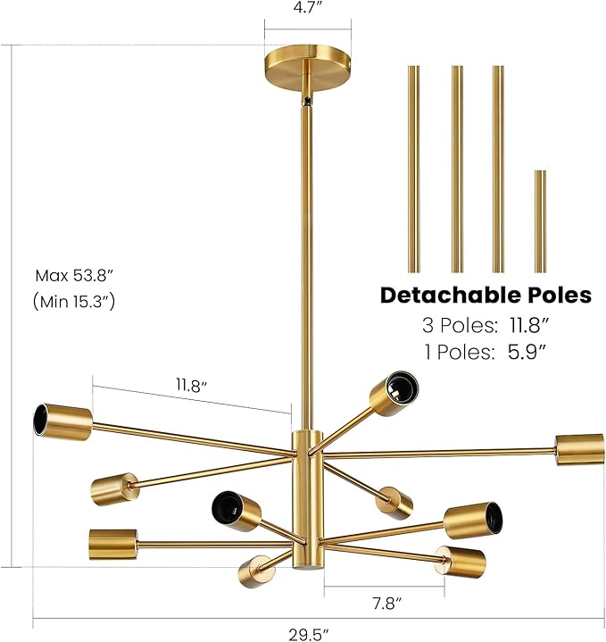 Modern Sputnik Chandeliers Light, 10-Light Gold Gold Dining Room Chandelier Over Table, Height Adjustable Industrial Semi Flush Mount Mid Century Chandelier for Kitchen Island Living Room