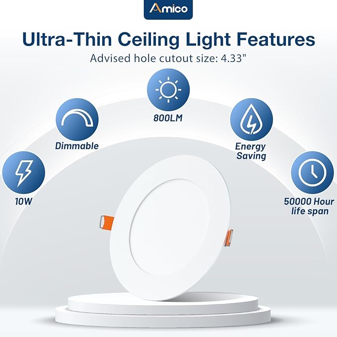 Amico 12 Pack 4 Inch 5CCT Ultra-Thin LED Recessed Dimmable Ceiling Light with Junction Box, 2700K/3000K/3500K/4000K/5000K Selectable, 10W Eqv 60W, 800Lumens, High Brightness Downlight - ETL&FCC