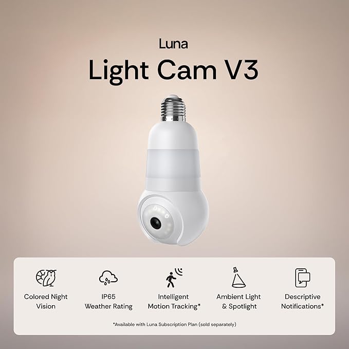 Luna Light Bulb Security Cameras Wireless Outdoor Indoor, 360° Pan Tilt, Color Night Vision, LED Bulb & Spotlight, 2.4GHz 5GHz Wi-Fi 6, Porch Light Cameras for Home Security (2026 Upgrade Version)