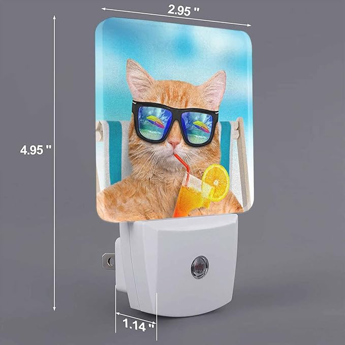 LED Night Light,Funny Cat Sunglasses Relaxing Vacation On Blue Sea LED Night Light Plug into Wall with Dusk to Dawn Light Sensor White Energy Efficient Nightlight for Bedroom Living Room Kitchen
