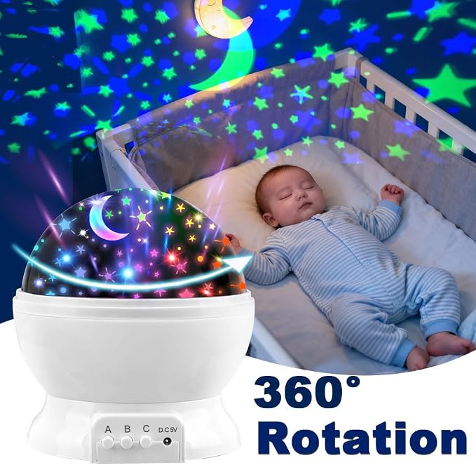Night Light Projector,USB or Battery Operated lamp Portable Light,Color Changing Lights for Bedroom Kids Night Light,Room Decorations Rotating Star and Moon Ceiling Projector.（White）