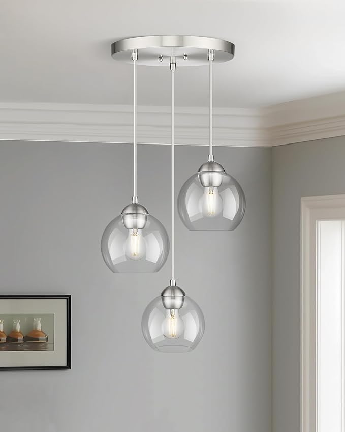 Emak Brushed Nickel Pendant Light, 3-Light Pendant Lights Kitchen Island with Clear Glass Shade, Cluster Globe Hanging Light Fixture for Kitchen, Bedroom, Bathroom, Dining Room, PL119-BN-CL