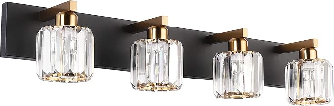 Aipsun Crystal Bathroom Vanity Lighting Black Vanity Light Fixtures Modern Vanity Light for Bathroom 4 Lights(Exclude Bulb)