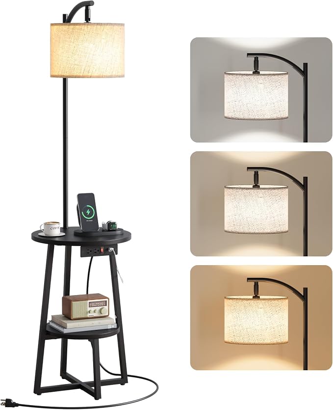 Yoobure Floor Lamp with Table - Farmhouse Night Stand with Charging Station | Side Table with Floor Lamps for Living Room, Bedroom, End Table with Lamp Attached 3 Color Temperatures Bulb, 2 Tier Shelves