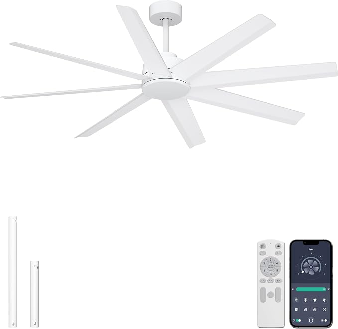 Ohniyou 60" White Ceiling Fan With No Light for Patio, Porch, Deck | Remote/App Control, Quiet DC Motor, Modern Covered Outdoor Fan with 8 ABS Blades