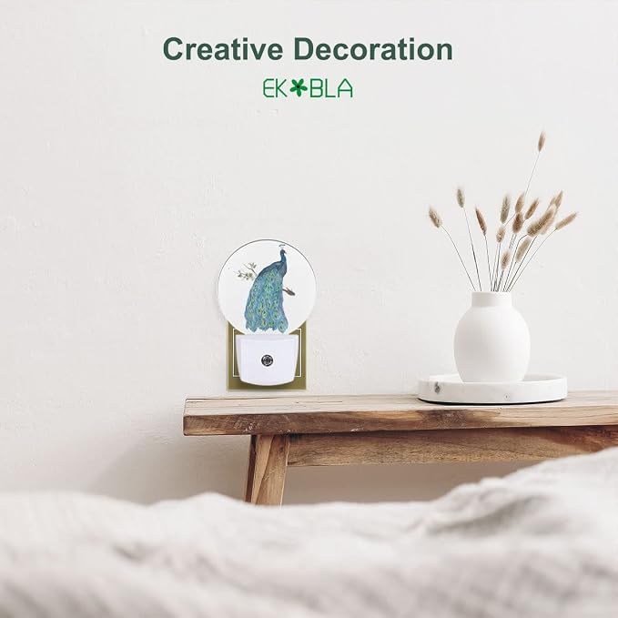 EKOBLA Peacock Night Light, Watercolor Peacock Feather Teal Night Lights Plug Into Wall with Auto Sensor, 0.5W Sleep Friendly