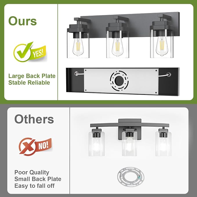 Black Bathroom Light Fixtures, 3 Lights Bathroom Lighting Fixtures Over Mirror, Square Design & Rectangle Large Backplate, Modern Vanity Lighting Fixtures, for Bathroom/Living Room/Bedroom
