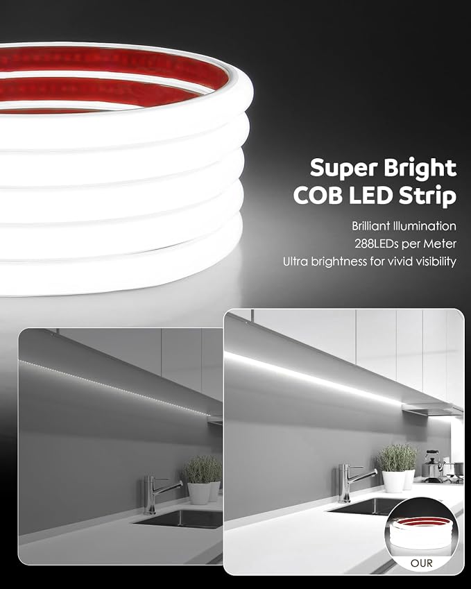 Aclorol COB LED Light Strip 120V 10FT Under Cabinet LED Strip 110V Cold White 6000K CRI90+ Flexible and Unifrom Waterproof IP67 Rope Lights for Bedroom Balcony Patio Outdoor Lighting Project 288LEDs/M