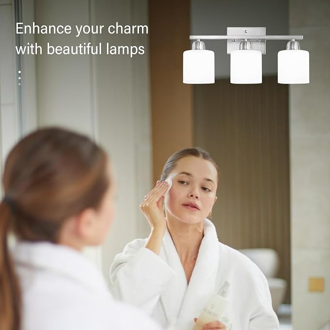 Brushed Nickel Bathroom Light Fixture, Anti-Rust Finish 3 Light Vanity Lights for Bathroom, Bath Lights with Milky White Frosted Glass Shades, E26 Socket