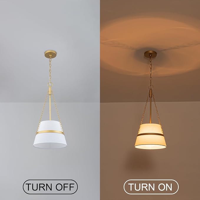 11.4" Gold Drum Pendant Light for Kitchen Island, White Linen Fabric Shade | Modern Transitional, Cone Shape, 3 Side Chains, 1-Light, Breakfast Nook, Reading Corner, Adjustable Height 11.42"W x 23.82"H