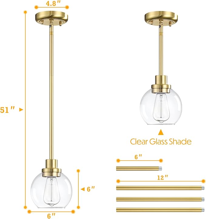 2 Pack Globe Pendant Light Gold Mid Century Modern Light Fixture, Clear Glass Pendant Lights Kitchen Island Pendant Lights Brushed Brass Finished with Clear Glass Lampshade