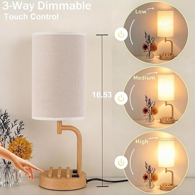 Dreamholder Touch Control USB Table Lamp with USB C/A & AC Outlet, 3-Way Dimmable Bedside Lamp, Modern Nightstand Lamps for Bedroom Living Room Guest Room Office, Bulb Included, Woodgrain