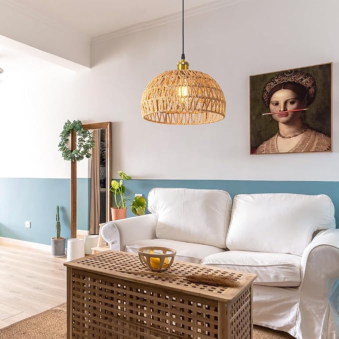 Hanging Lamps Rattan Pendant Light,Cord Bamboo Pendant Light Fixture Hanging Lamp Boho Ceiling Light Fixtures Farmhouse Pendant Lamp Shape for Living Room Bedroom Kitchen,30CM,E26 Base