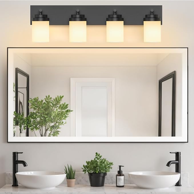 IZORRO Bathroom Vanity Light Fixture, 4-Light 30 Inch Matte Black Bathroom Light Fixtures Over Mirror, with White Glass Shade, Modern Farmhouse Vanity Lights, Rustic Restroom Lighting Fixtures