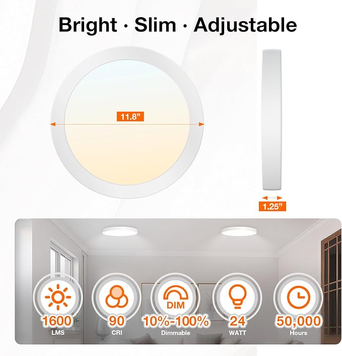 Sylvania 12" Flush Mount LED Fixture, 24W, 5 Color Select (2700K - 5000K), 90 CRI, 1600 LMS, Hardwired, White - 4 Pack (67376)
