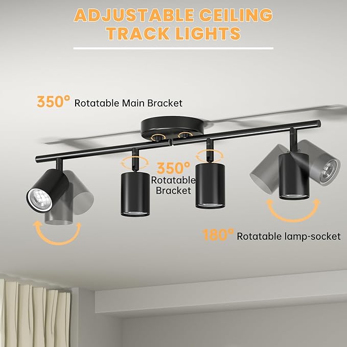 LED 4 Light Track Lighting Kit, Black Ceiling Spotlights, Modern Track Light Fixture with Flexibly Rotatable Light Heads for Kitchen, Living Room, Bedroom, Includes 4 x GU10 Bulb