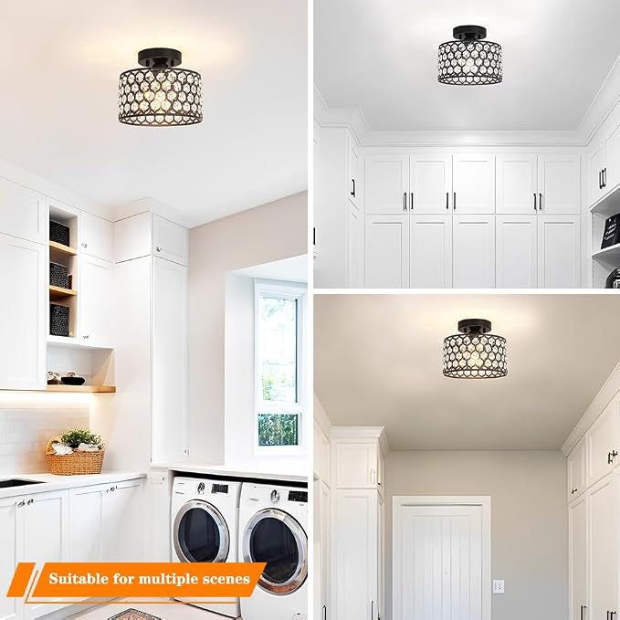Lxybcce Black Crystal Ceiling Light Fixture - Modern Semi Flush Mount Ceiling Chandelier Lighting for Hallway, Kitchen & Foyer | Dazzling Prism Chandelier with Easy Installation,1 Light, 9 in