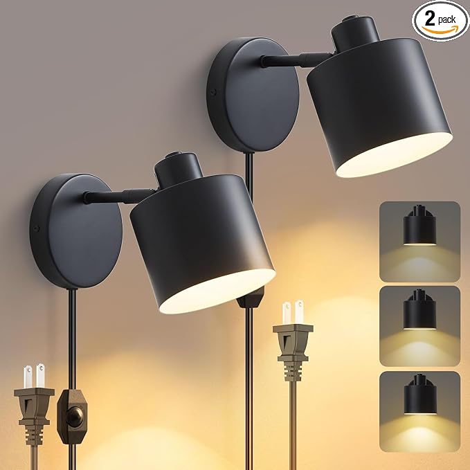 Lightess Black Plug in Wall Sconces Set of 2 Dimmable Corded with Switch | 350° Rotatable Lamp Head, Dimmable Corded Fixture With On Off Switch, Fits Bedside Kitchen Hallway; Bulbs Not Included