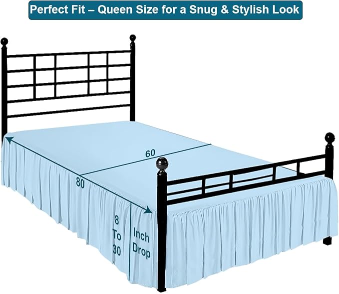 Shreem Linen Ruffled Bed Skirt with Split Corners, Gathered Style, 100% Microfiber, 16-Inch Drop, Dust Ruffle Bedskirt with Platform, Queen, Light Blue