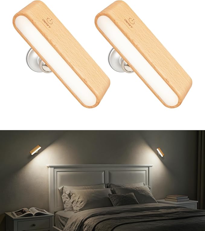 2Pack Battery Operated Wall Sconce, Wood Magnetic 360° Rotation | Bedside Reading, 360° Rotation, Stepless Dimming, 4000K Natural Light, Magnetic Installation for Bedroom Wall Lamps
