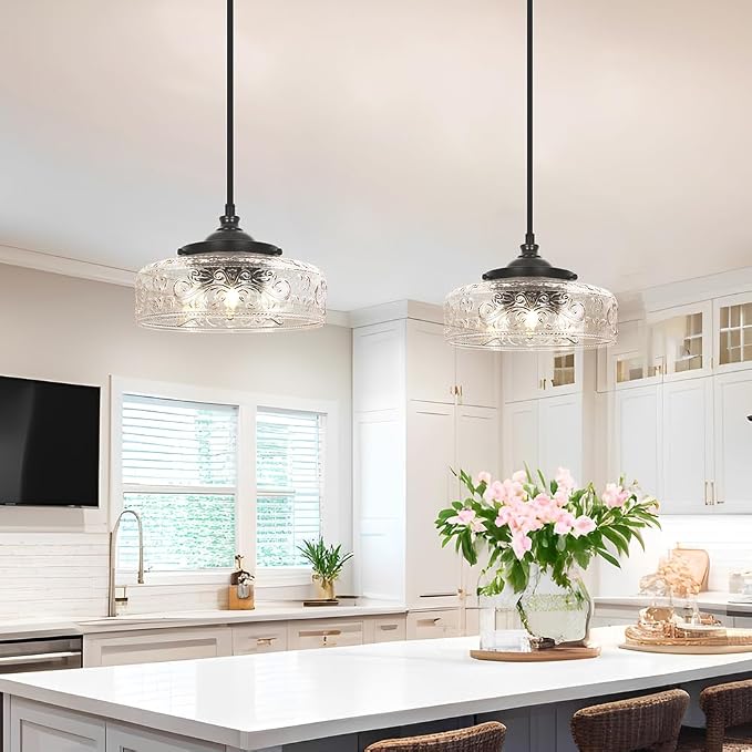 Black 3-Light Pendant Light with 12in Glass Shade, Farmhouse Pendant Lights Kitchen Island, Adjustable Hight & Angle Bathroom Pendant Ceiling Hanging Light Fixtures for Home Bedroom Hallway, 3*E12