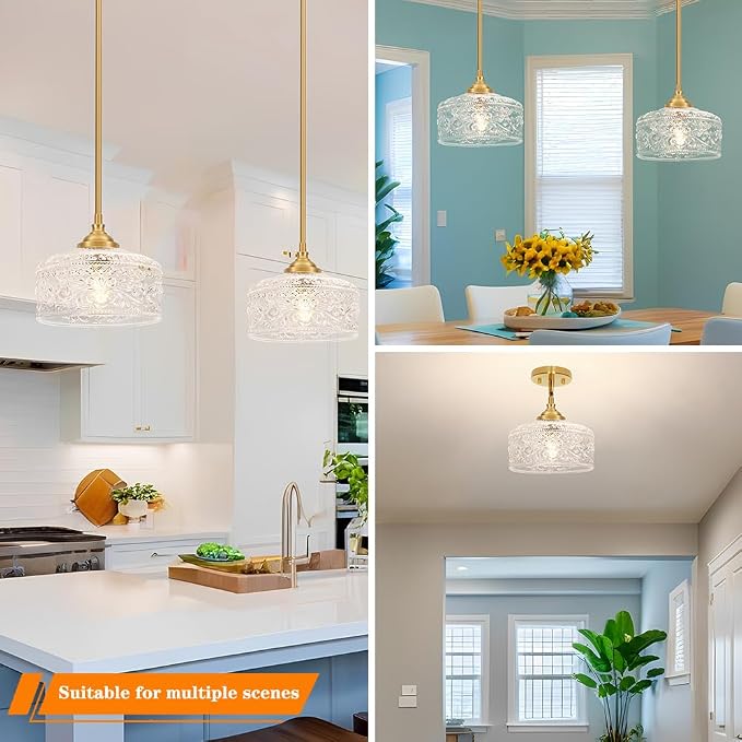 Gold Pendant Lights Kitchen Island, Vintage Bathroom Pendant Light With Clear Glass Shade, Adjustable Height Pendant Light - Dual Mount Ceiling & Hanging Fixtures With 90° Swivel For Home, E26 Bulb