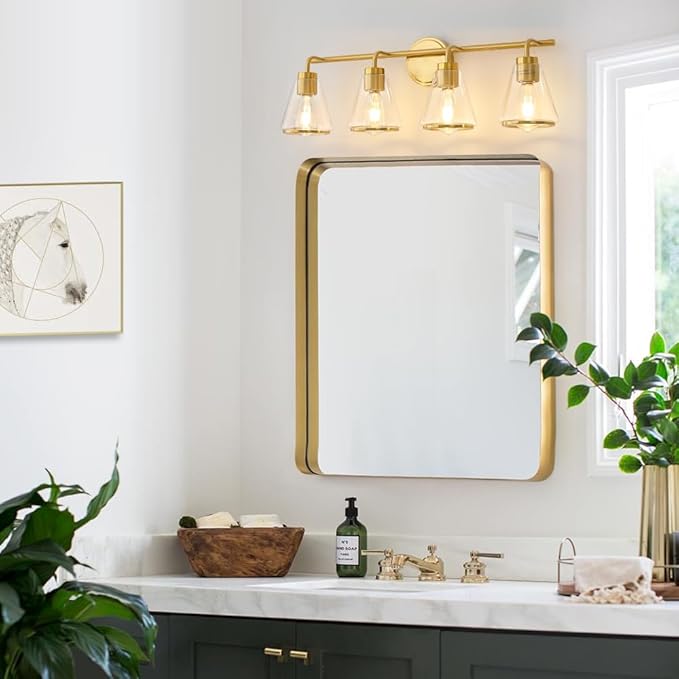 Gold Vanity Light 4 Light Bathroom Vanity Light Fixtures Over Mirror with Clear Glass Shade, 30 Inch Lights for Bathroom Modern Wall Sconce Lighting (Exclude E26 Bulb)