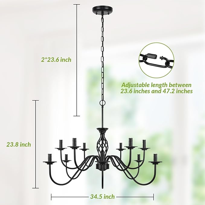 12-Light Farmhouse Candle Chandelier for Living Room, Rustic Industrial Pendant Ceiling Light Fixture, Vintage Hanging Lamp for Bedroom Hallway Kitchen Dining Room Foyer, Matte Black E12 Socket
