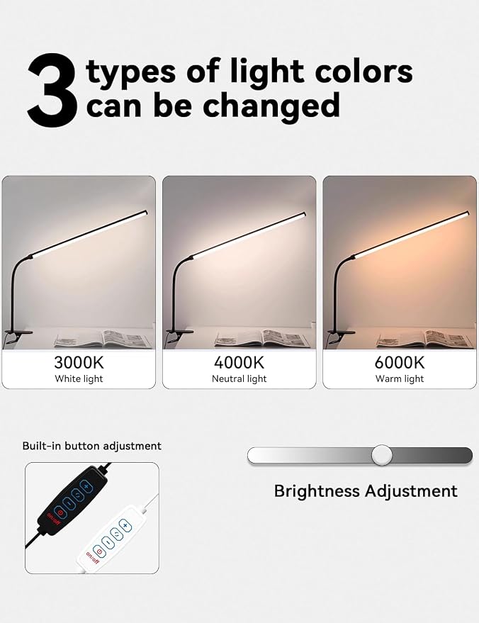 2 Pack LED Desk Lamp with Clamp, Dimmable Clip on Light for College Dorm Room, Eye-Friendly Reading Study Lamp for Students, Flexible Gooseneck Bedside Light, Home Office Desk Lights Bedroom