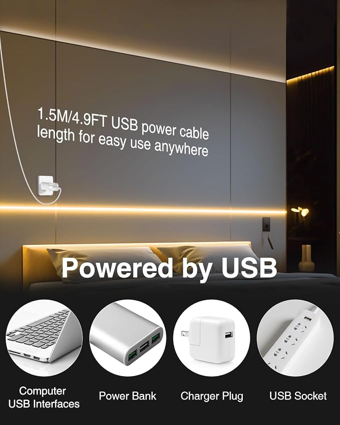 Aclorol 2 Pack USB COB LED Strip Lights 6FT 5V Dimmable LED Lights for TV | Warm White 3000K, CRI85+, 8mm Width, Flexible Tape Light for Display Cabinet Living Room Bedroom DIY Lighting Decoration