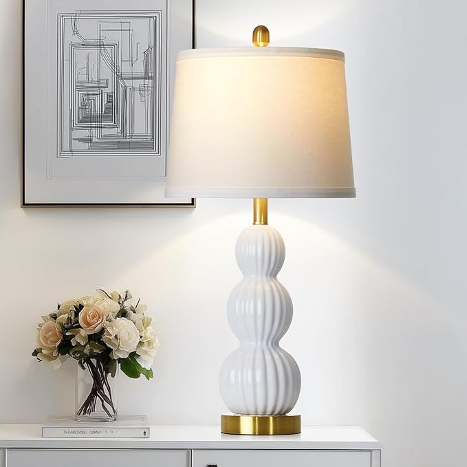 28" White Ceramic Table Lamp for Nightstand, Modern Bedside Table Lamp for Bedroom, Triple Gourd Lamp for Living Room End Table (1 Pack)