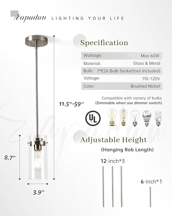 EAPUDUN Pendant Light Fixtures, Brushed Nickel Finish Kitchen Lights Ceiling, Clear Glass Pendant Lights Kitchen Island-PDA1353-A-BNK