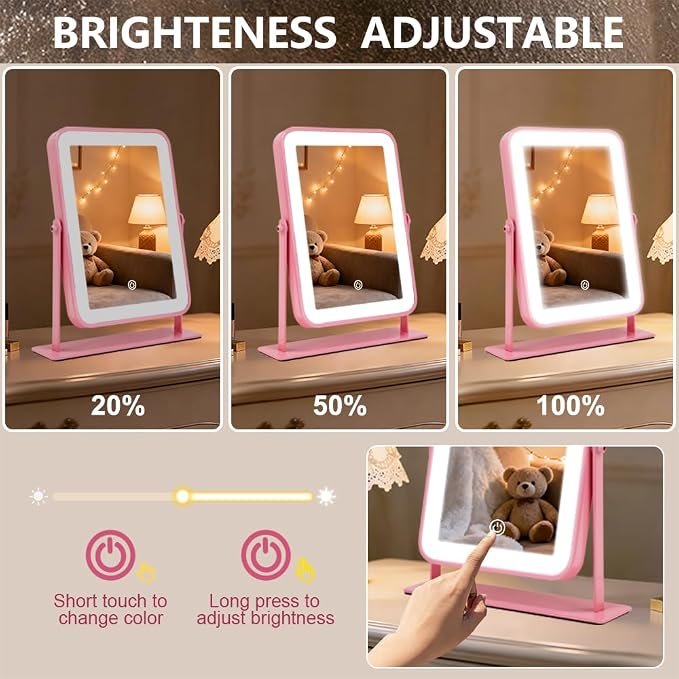 YEKKOPT Portable Desk Vanity Mirror with Lights,11"×9" Small Pink Rechargeable Makeup Mirror with Lights,Smart Touch Screen with 3-Color Lighting,Dimmable,for Dorm Tabletop,Bedroom,Decor
