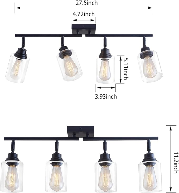 4-Light Black Ceiling Track Lighting E26 Clear Glass Light Fixture | Black metal 4 adjustable heads, clear glass semi flush mount E26 track light for kitchen, bathroom, living room