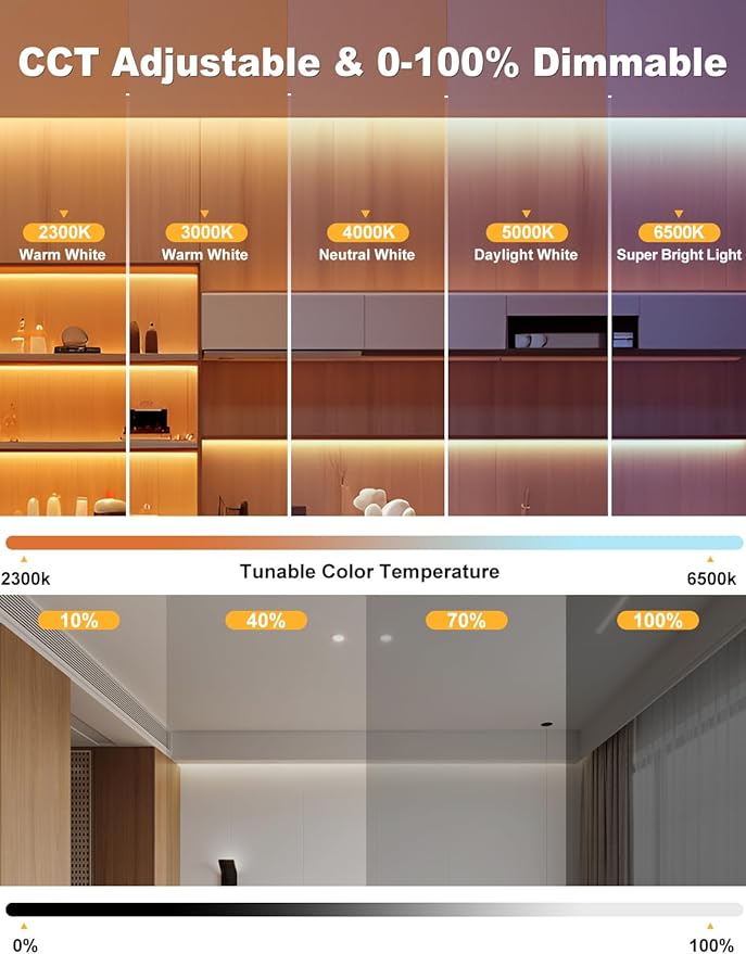 COB LED Strip Light 32.8ft, Dimmable 2300K-6500K White CCT Tunable, DC 24V Cuttable LED Tape Light, High Density 6080 LED 48W CRI 90, APP Remote Control, Music Mode, For Home DIY, Living Room, Bedroom