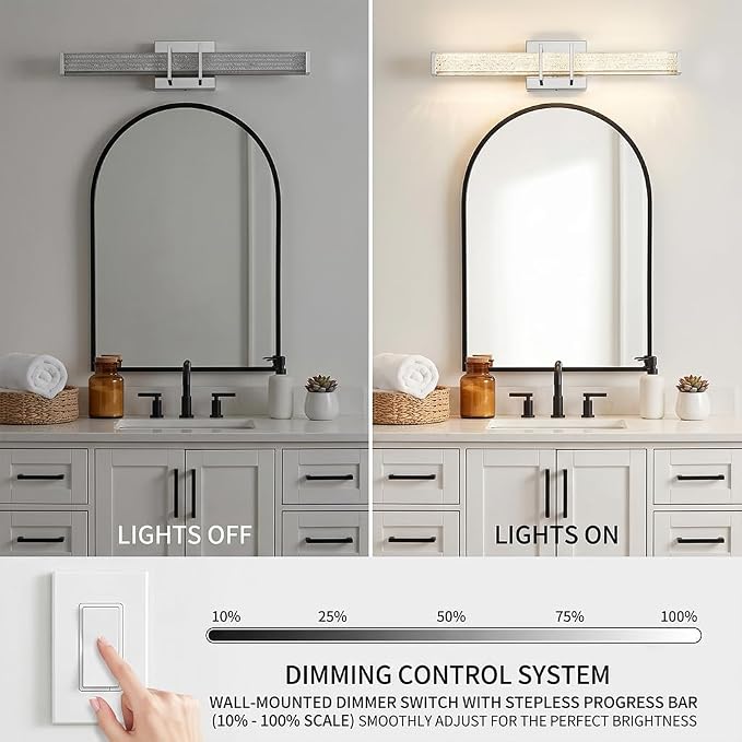 URSOLA 24" Modern LED Bathroom Light Fixtures, Chrome 3CCT Dimmable Bathroom Vanity Light Over Mirror, Bathroom Vanity Bath Bar Lights with Crystal Acrylic Shade