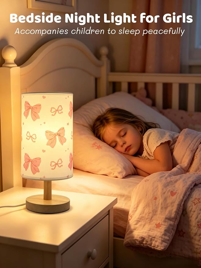 Pink Bow Table Lamp,Kids Bedside Lamp for Bedroom Girls Decorative Lights 3 Colors Nightstand Night light with Linen Lampshade Desk Lamp for Boys Girls Birthday Gifts for Home Office Living room Decor