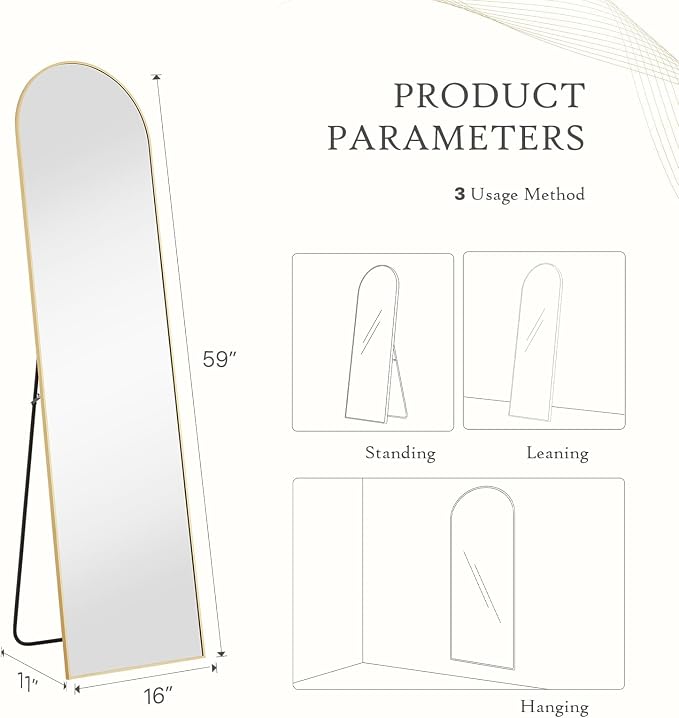 16"x59" Arched Mirror Full Length, Upgraded Body Wall Mirrors | Shatter-Proof Nano Glass, Tall Standing, Hanging or Leaning, Aluminum Alloy Frame for Bedroom, Modern Home Decor, Gold
