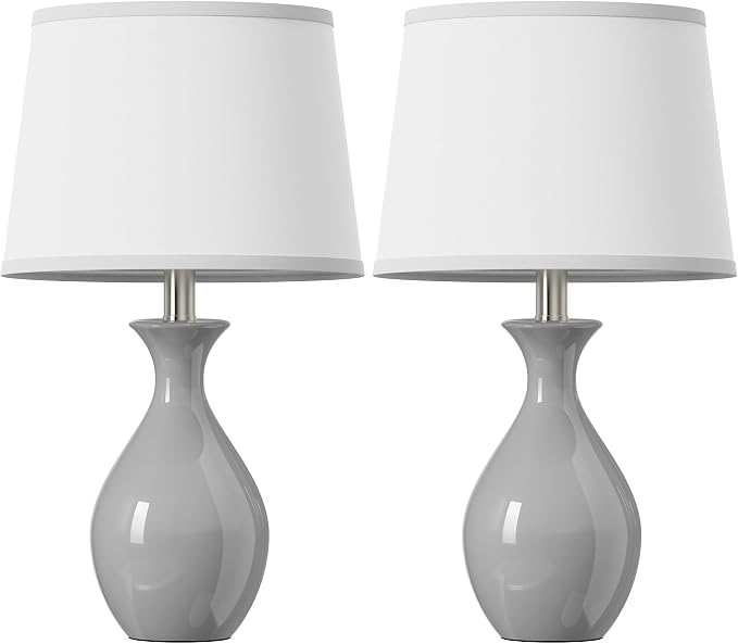 Table Lamp Set of 2, Modern Ceramic Bedside Lamps for Night Stands, Classic Small Lamp Nightstand Lamp for Bedroom Living Room Desk End Table Rocker Swtich Grey