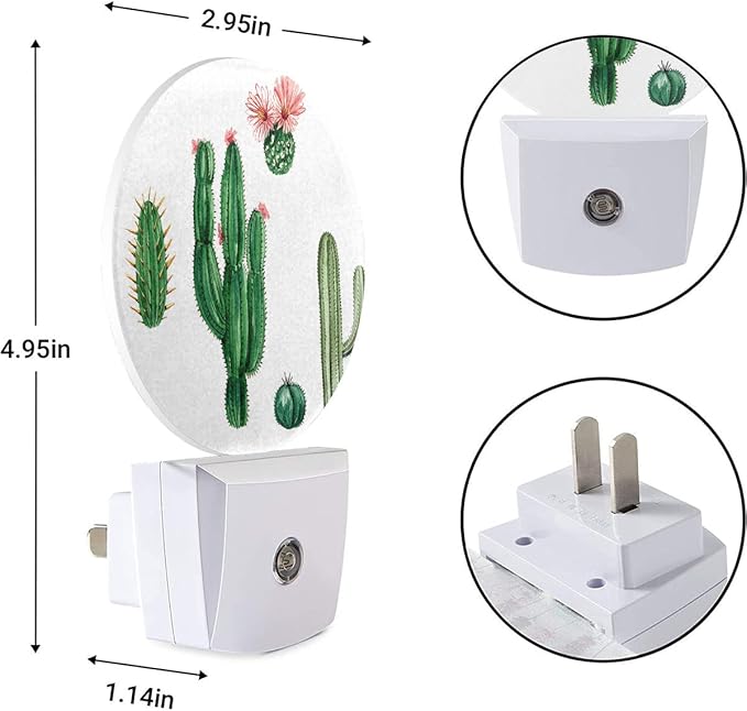 EKOBLA Plug in Cactus Night Light Exotic Cactus Pink Flower Desert Plant Green Night Lights Plug into Wall Round Lamp for Girls Boys Bedroom Bathroom Led Wall Decor