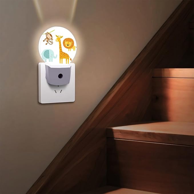 Round LED Night Light,Cute Jungle Animal LED Night Light Plug into Wall with Dusk to Dawn Light Sensor White Energy Efficient Nightlight for Bedroom Bathroom Hallway Living Room Kitchen