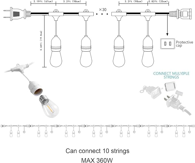 Outdoor String Lights, 105FT Waterproof Patio Lights with 1W Dimmable LED Bulbs, Hanging String Lights for Outdoor Backyard, Garden, Deck, Porch, Gazebo, Balcony, Camping, Party(White)