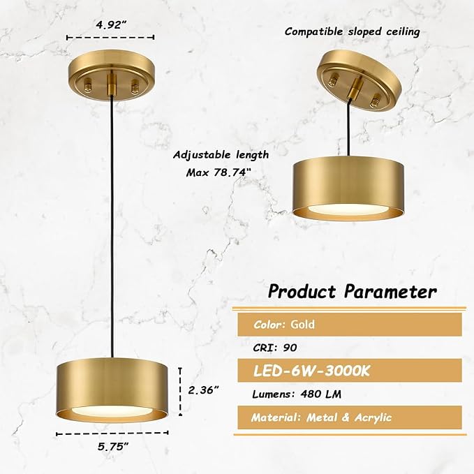 LED Mini Gold Pendant Light Adjustable for Kitchen Island Over Sink | Industrial Gold Mini Pendant Light with Built-in LED, Adjustable Cord 78.74" for Kitchen Island Dining Room Bedroom Bathroom