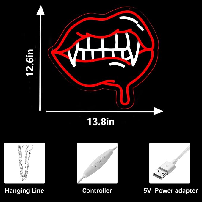 AHlove Fangs Neon Sign for Wall Decor，LED Neon Lights for Game Room、Man Cave，Birthday、Christmas Gifts for Teen Boys and Girls